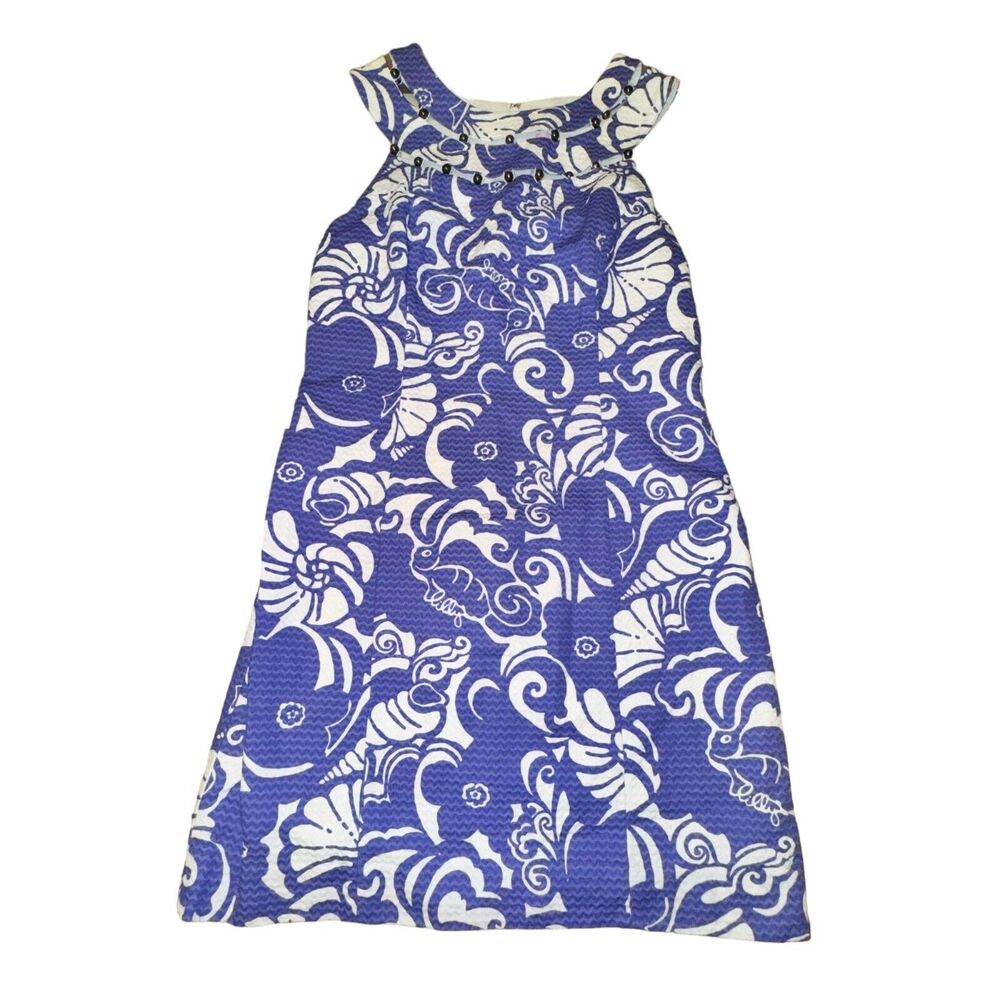 Lilly Pulitzer Lindy Dress Women's 4 Spectrum Blue Tide Beaded Neck Mini Shift
